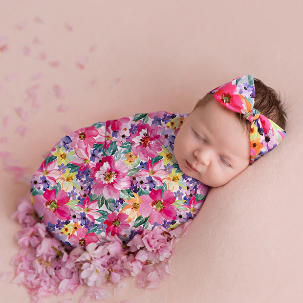 Newborn Photography Prop Hair Bow Head Band, Flower Blanket Wrap Towel Set 2 Piece Set