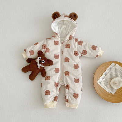 Winter Fleece Warm Bear Print Hooded Long Creeping Cotton Bodysuit Infant and Toddler Boys and Girls Long Creeping Clothes