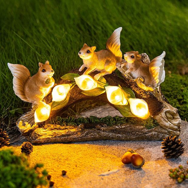 Outdoor solar resin statue decoration with three squirrels