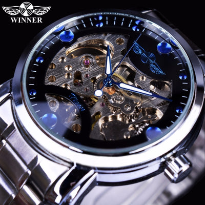 Winner Blue Ocean Fashion Casual Designer Stainless Steel Men Skeleton Watch Mens Watches Top Brand Luxury Automatic Watch Clock