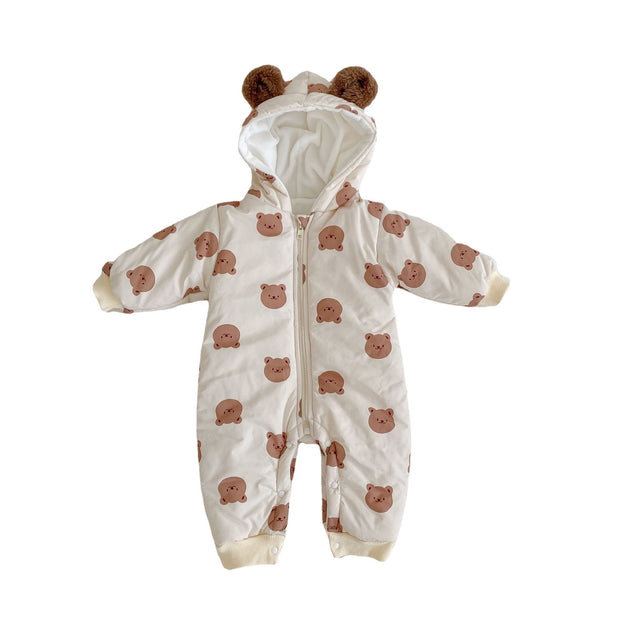 Winter Fleece Warm Bear Print Hooded Long Creeping Cotton Bodysuit Infant and Toddler Boys and Girls Long Creeping Clothes