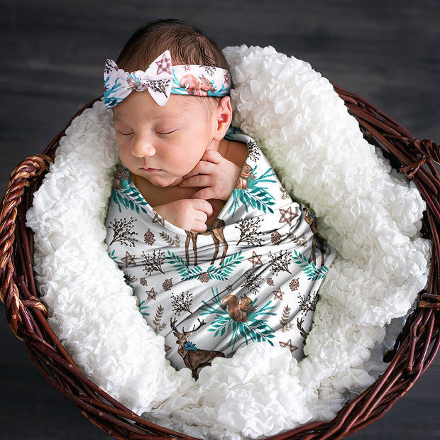 Newborn Photography Prop Hair Bow Head Band, Flower Blanket Wrap Towel Set 2 Piece Set