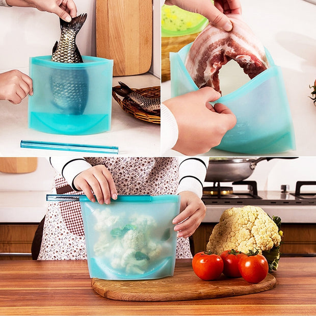 Reusable Silicone Vacuum Seal Food Fresh Bag Fruit Meat Milk Storage Containers Refrigerator Bag Ziplock Kitchen Organizer