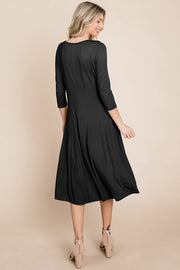 Pleated 3/4 Sleeve A line Flare Midi Jersey Dress classic design