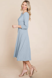 Pleated 3/4 Sleeve A line Flare Midi Jersey Dress classic design