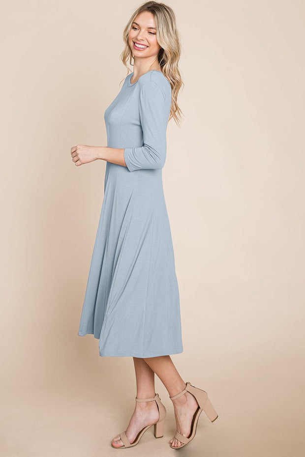 Pleated 3/4 Sleeve A line Flare Midi Jersey Dress classic design