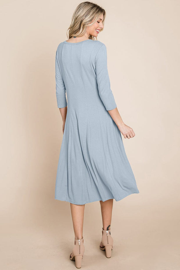 Pleated 3/4 Sleeve A line Flare Midi Jersey Dress classic design