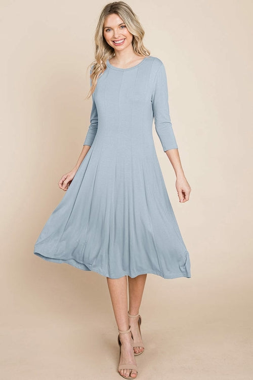 Pleated 3/4 Sleeve A line Flare Midi Jersey Dress classic design