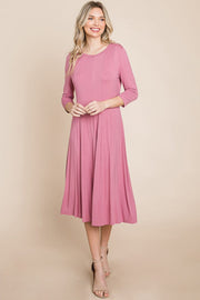 Pleated 3/4 Sleeve A line Flare Midi Jersey Dress classic design