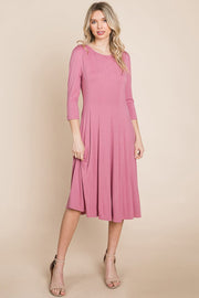 Pleated 3/4 Sleeve A line Flare Midi Jersey Dress classic design