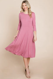 Pleated 3/4 Sleeve A line Flare Midi Jersey Dress classic design