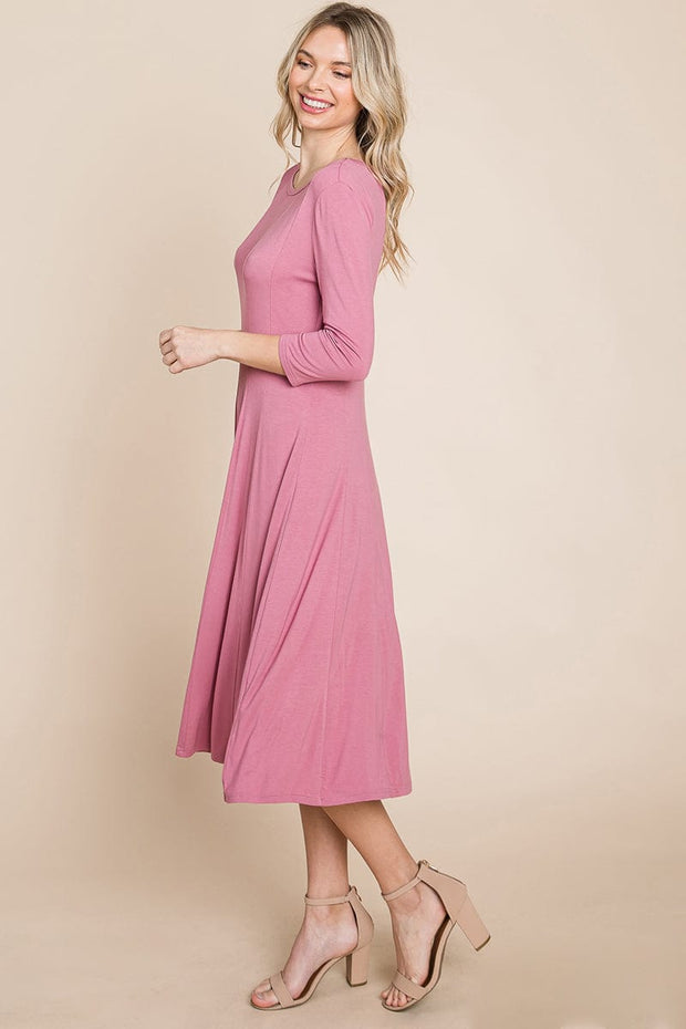 Pleated 3/4 Sleeve A line Flare Midi Jersey Dress classic design