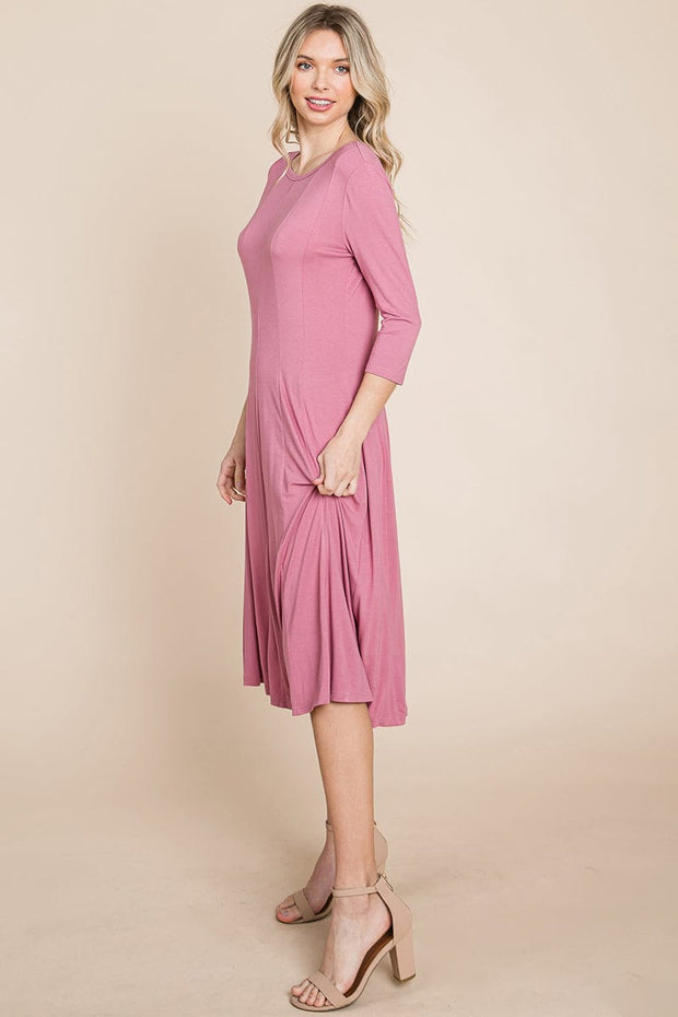 Pleated 3/4 Sleeve A line Flare Midi Jersey Dress classic design