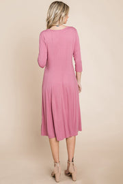 Pleated 3/4 Sleeve A line Flare Midi Jersey Dress classic design