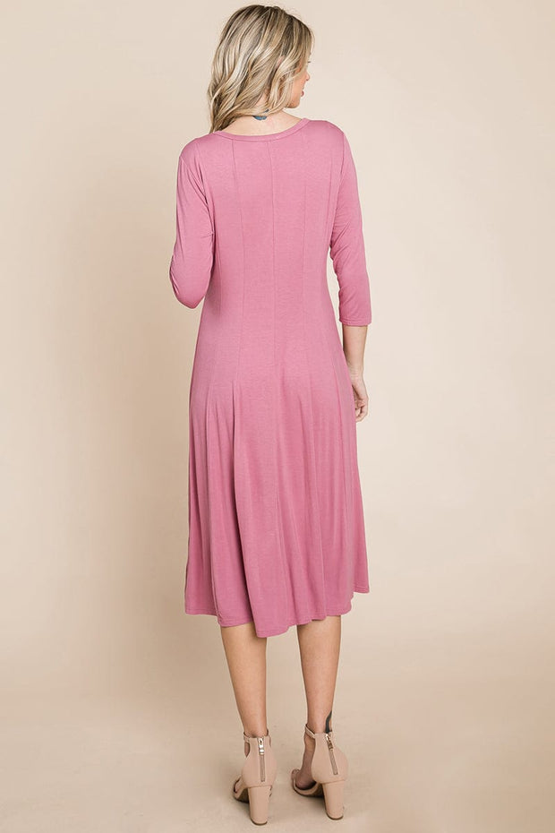 Pleated 3/4 Sleeve A line Flare Midi Jersey Dress classic design