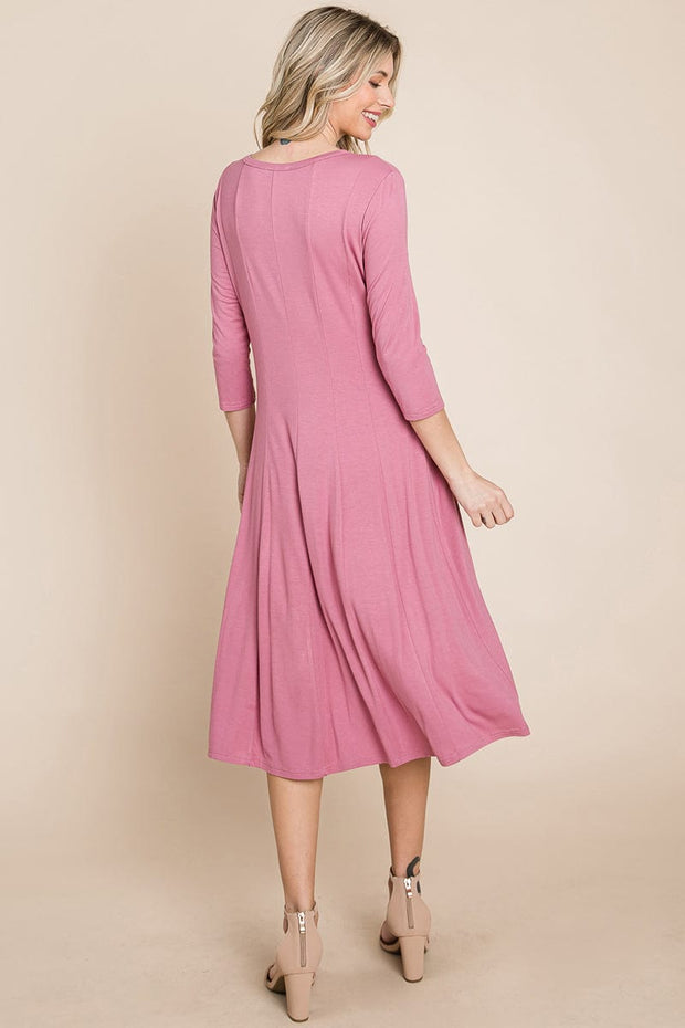 Pleated 3/4 Sleeve A line Flare Midi Jersey Dress classic design