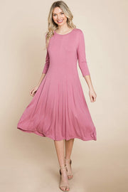 Pleated 3/4 Sleeve A line Flare Midi Jersey Dress classic design