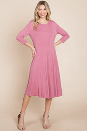 Pleated 3/4 Sleeve A line Flare Midi Jersey Dress classic design