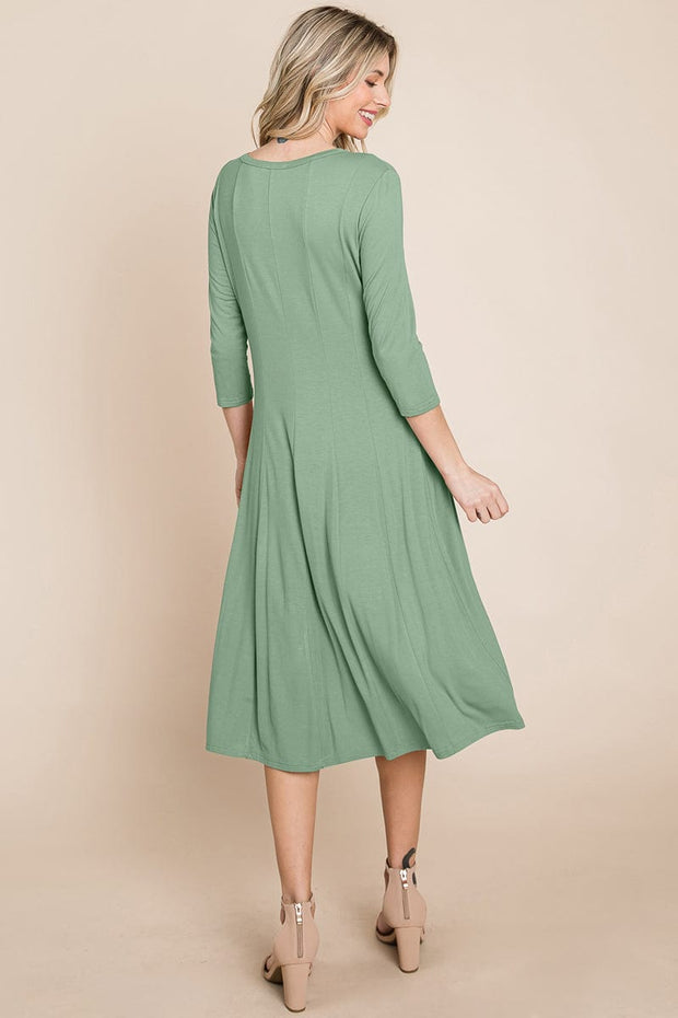 Pleated 3/4 Sleeve A line Flare Midi Jersey Dress classic design