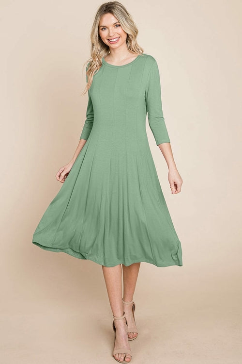 Pleated 3/4 Sleeve A line Flare Midi Jersey Dress classic design